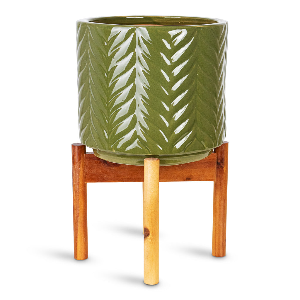 Aspen Pot with Wooden Stand Olive 22x34cm