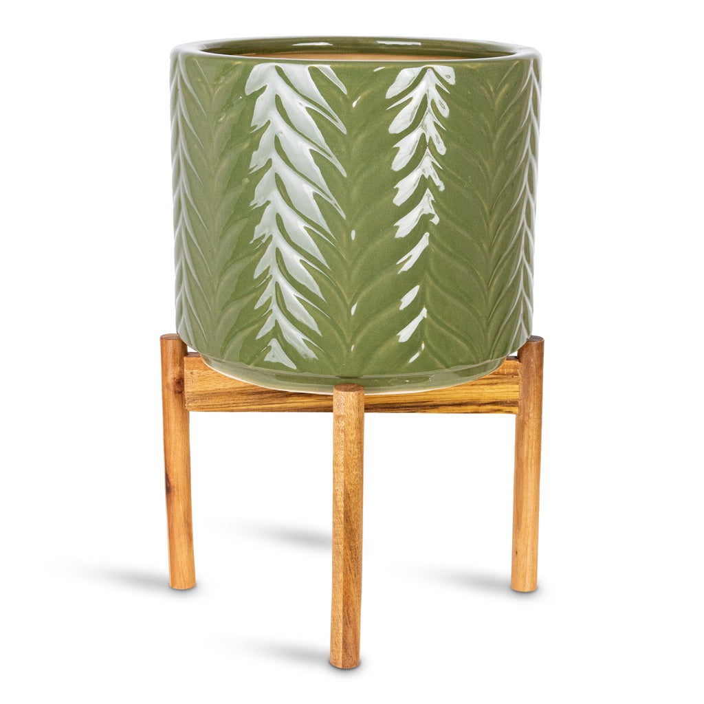 Aspen Pot with Wooden Stand Olive 28x40cm