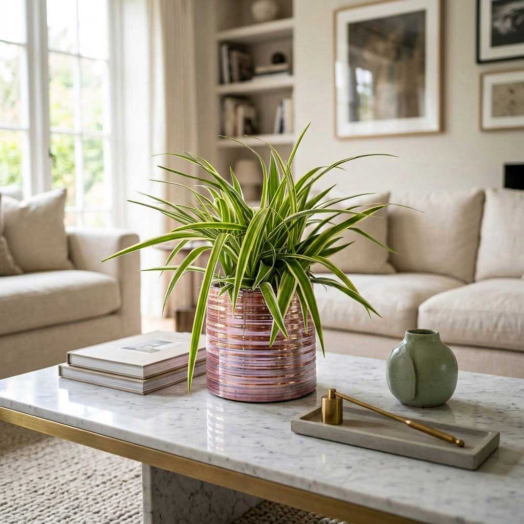 Chlorophytum Ocean - Spider Plant - 15 x 25cm in Didi Plant Pot - Pearl Pink - 19 x 16cm