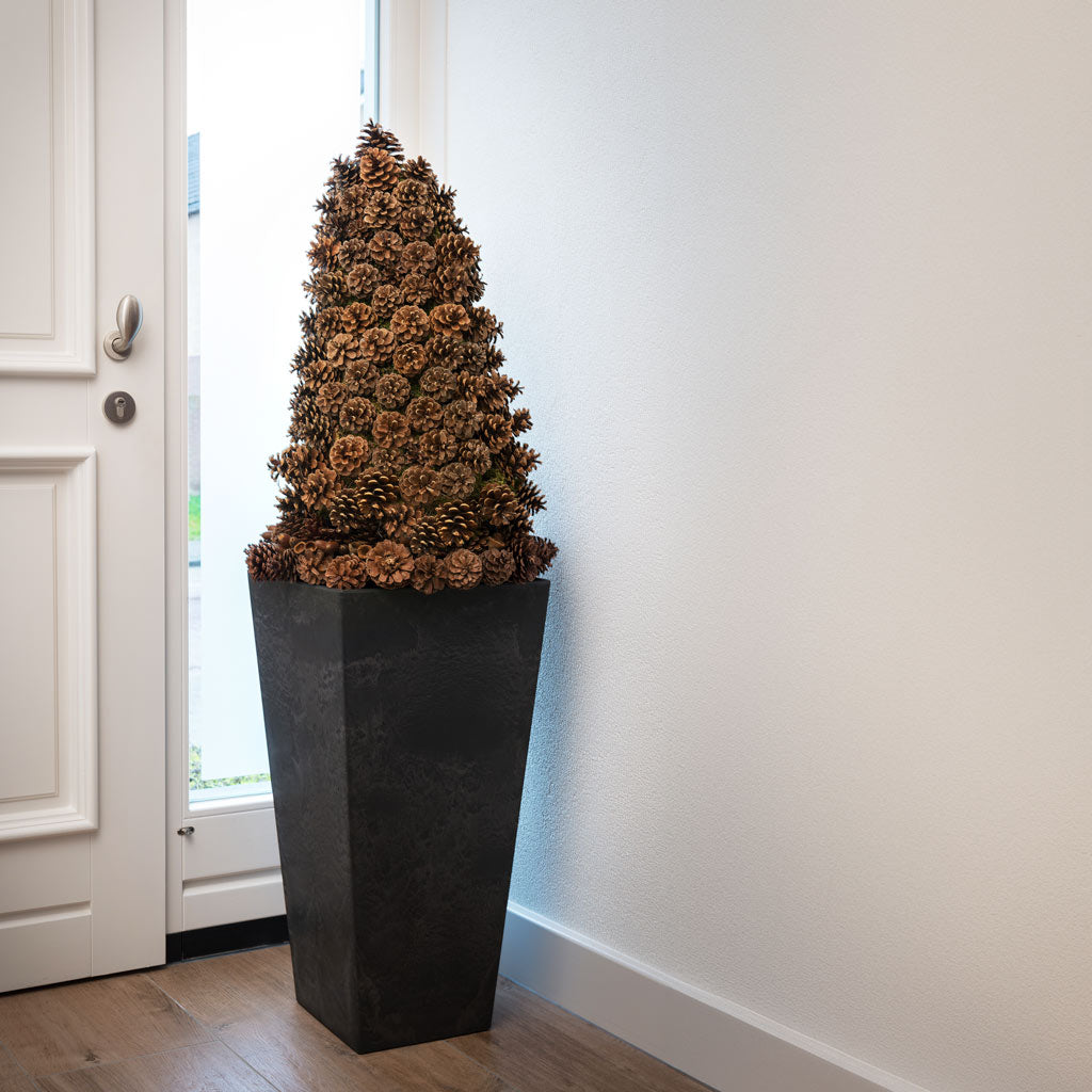 Ella Artstone Tall Planter - Black & Pinecone Tree