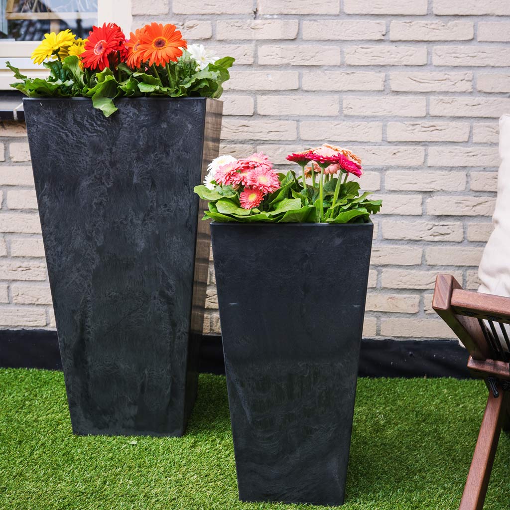 Ella Artstone Tall Planter - Black & Colourful Flowers