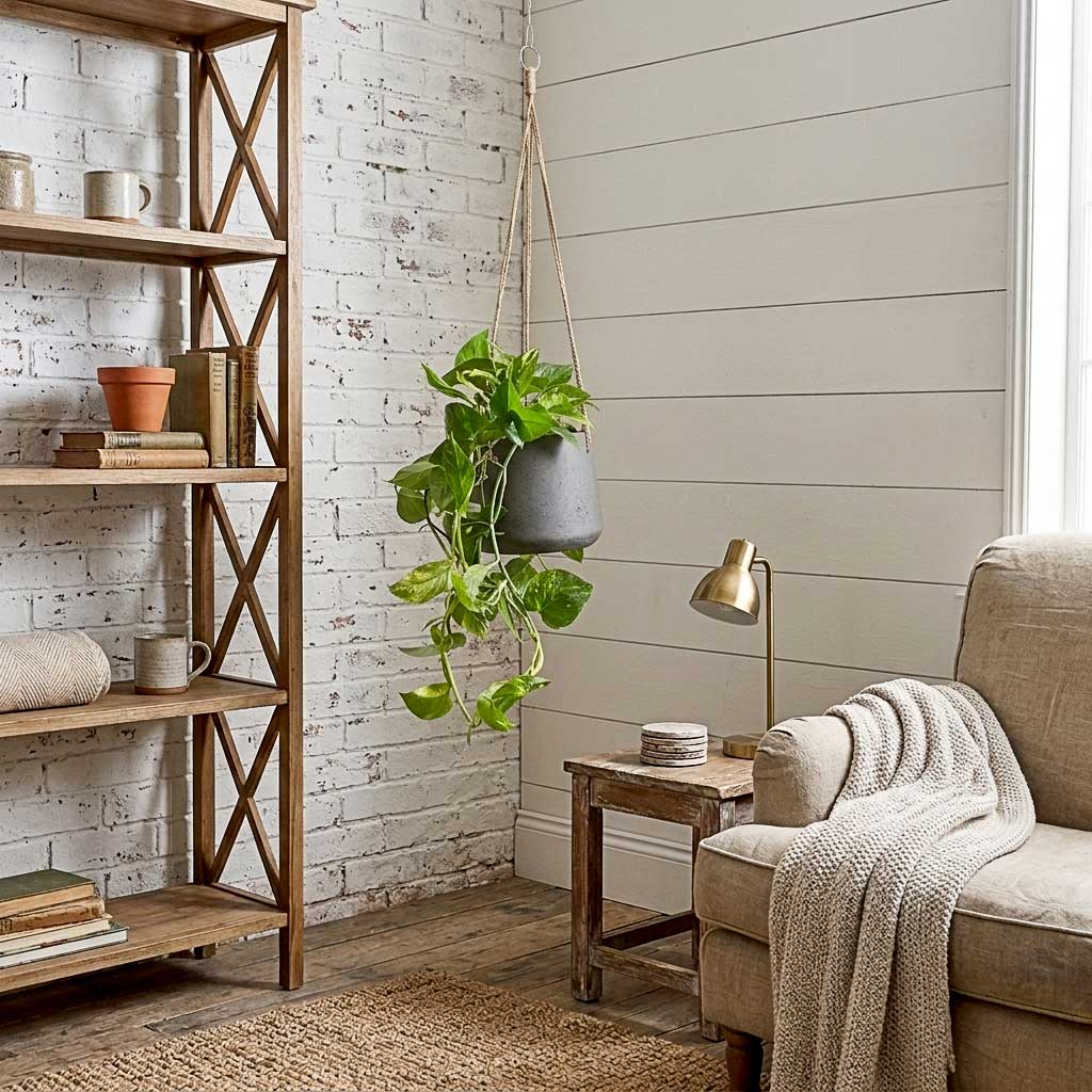 Epipremnum aureum - Golden Pothos - 15 x 60cm in Patt Hanging Plant Pot - Black Washed - 20 x 17cm