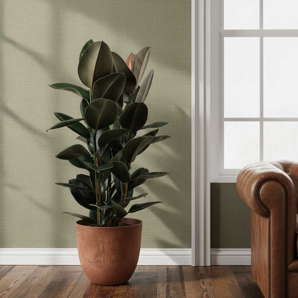 Ficus elastica Abidjan Rubber Plant 120cm Bola Artstone Plant Pot Oak