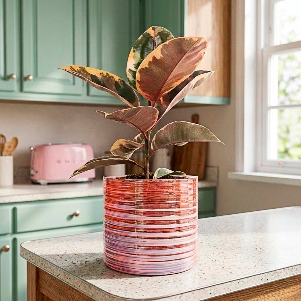 Ficus elastica Belize 14x45cm house plant in Didi Plant Pot Pearl Pink 19x16cm