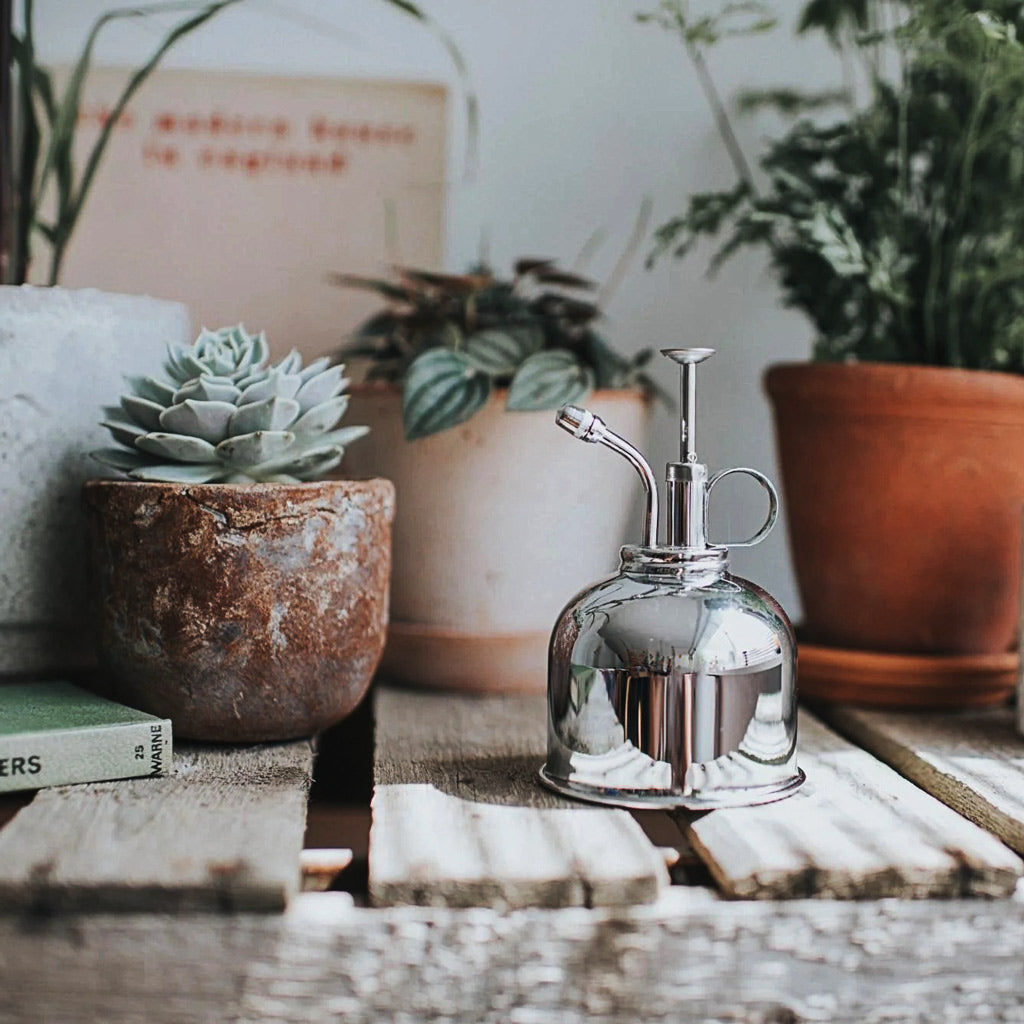 Haws Smethwick Spritzer in Nickel With Succulents