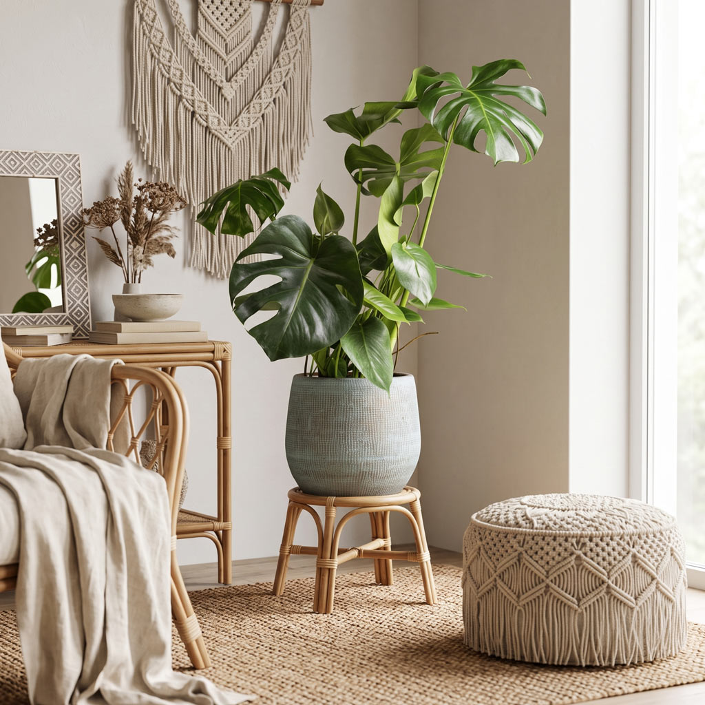 Monstera-deliciosa Swiss Cheese Plant 21x70cm Ryan Plant Pot Blue Gold 31x28cm