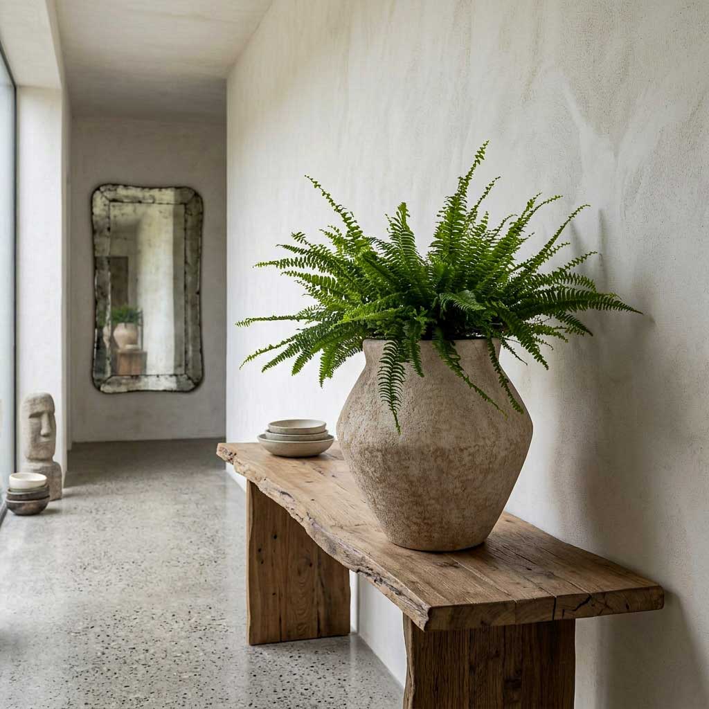 Nephrolepis exaltata Bostoniensis - 19 x 50cm in Fleuri Mineral Planter - Travertine - 46 x 46cm