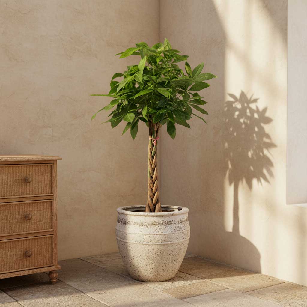 Pachira aquatica Money Tree 27x150cm In Athena Mediterranean Planter Chalk White 53.5x45cm