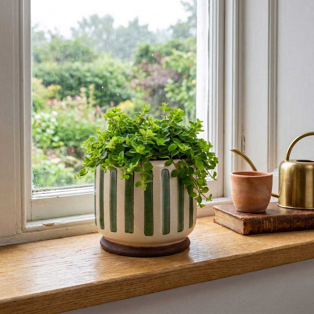 Peperomia rotundifolia Trailing Jade - 15 x 20cm in Stripe Plant Pot - Green - 18 x 16cm