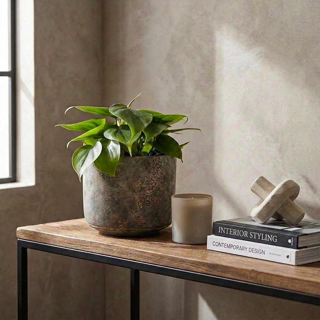 Philodendron scandens - Sweetheart Plant - 12 x 20cm in Saar Plant Pot - Earth Cement - 16 x 15cm