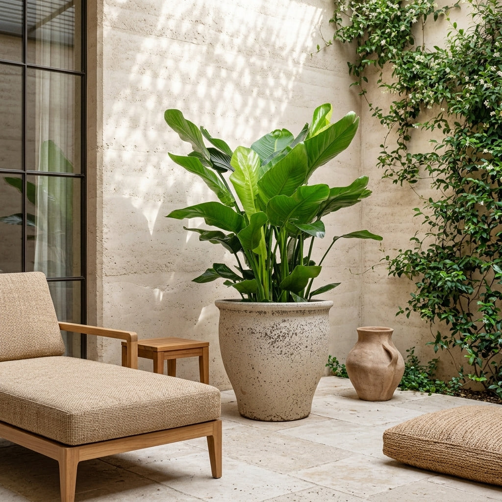 Strelitzia nicolai - 35 x 140cm in Poseidon Mediterranean Planter - Chalk White - 52 x 47cm