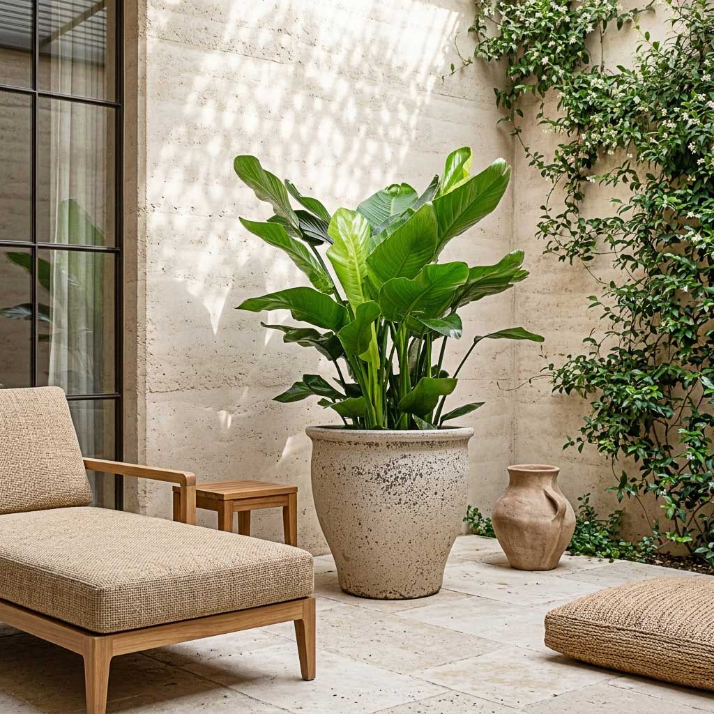 Strelitzia nicolai - 35 x 140cm in Poseidon Mediterranean Planter - Chalk White - 52 x 47cm