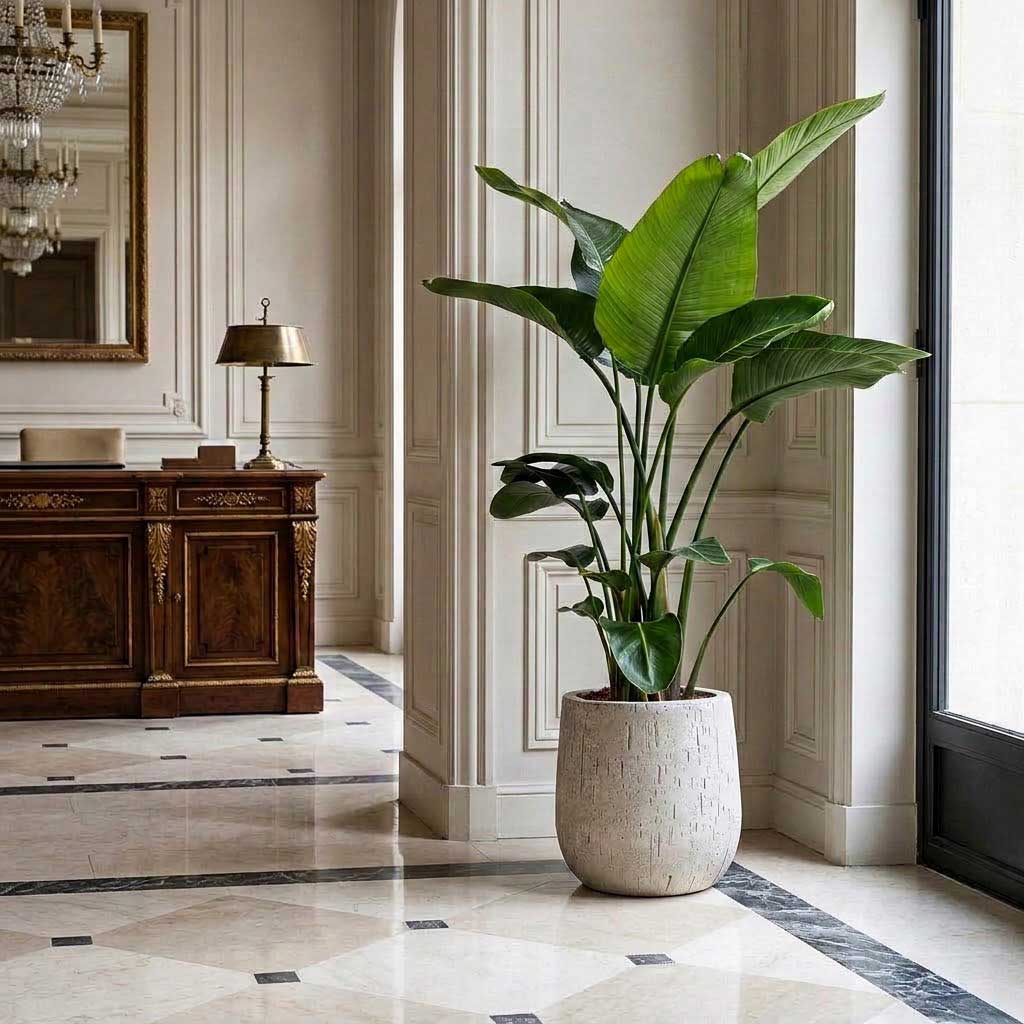 Strelitzia nicolai - Bird of Paradise - HydroCare in Raindrop Couple Balloon Planter - Stone