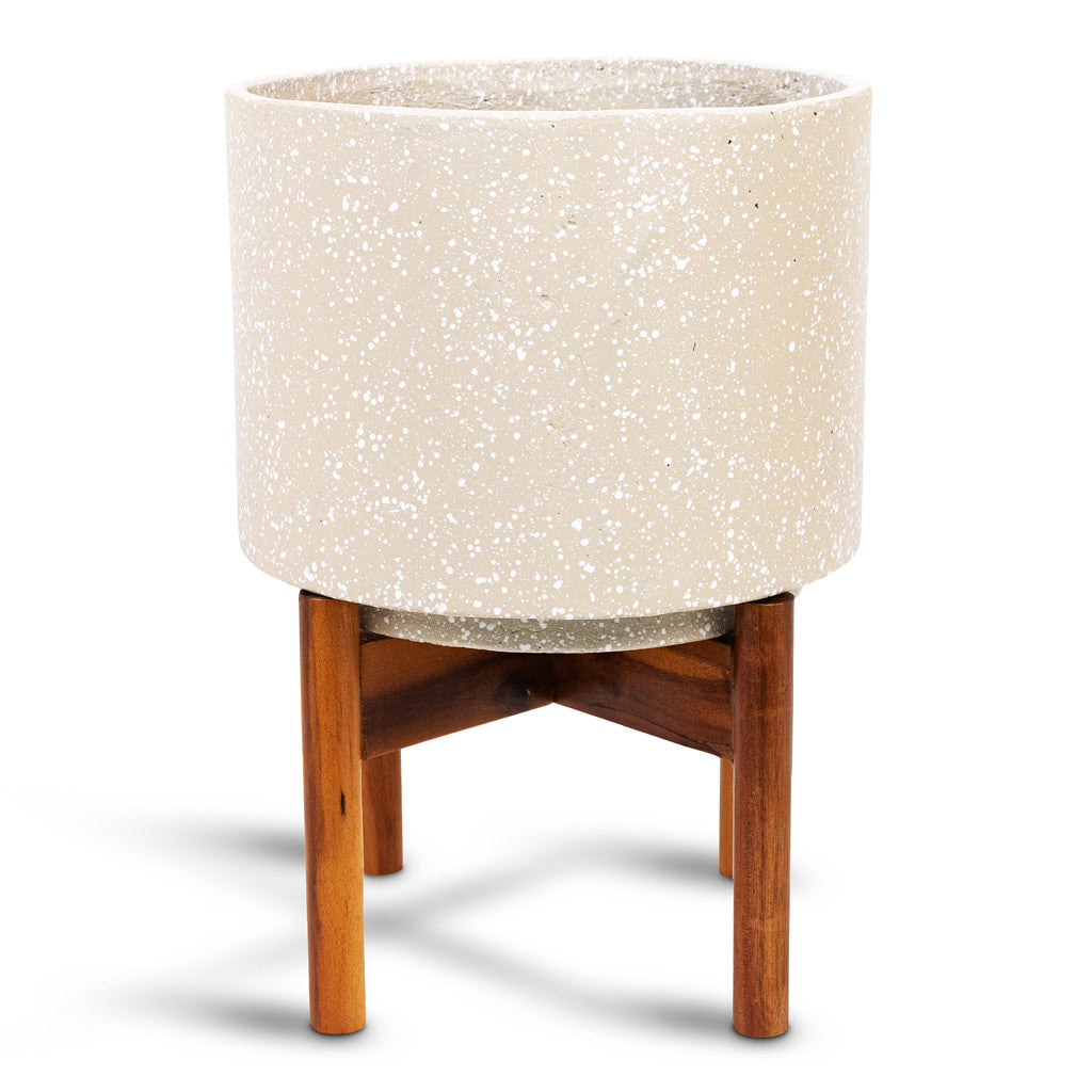 Valetta Pot with Wooden Stand Speckled Ivory 24x33cm
