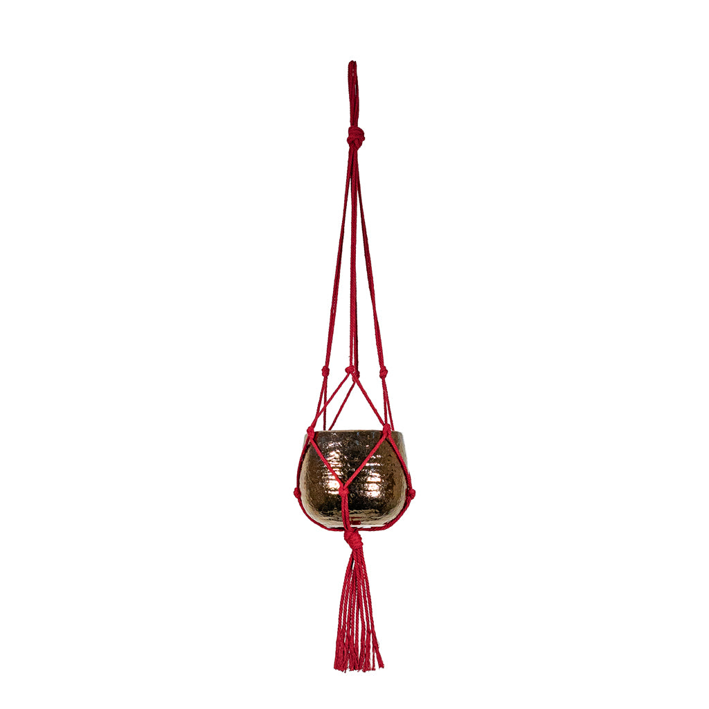 Yvette Pot Gold 15x13cm hanging in a Knotted Macrame Hanging Rope Bordeaux 90cm