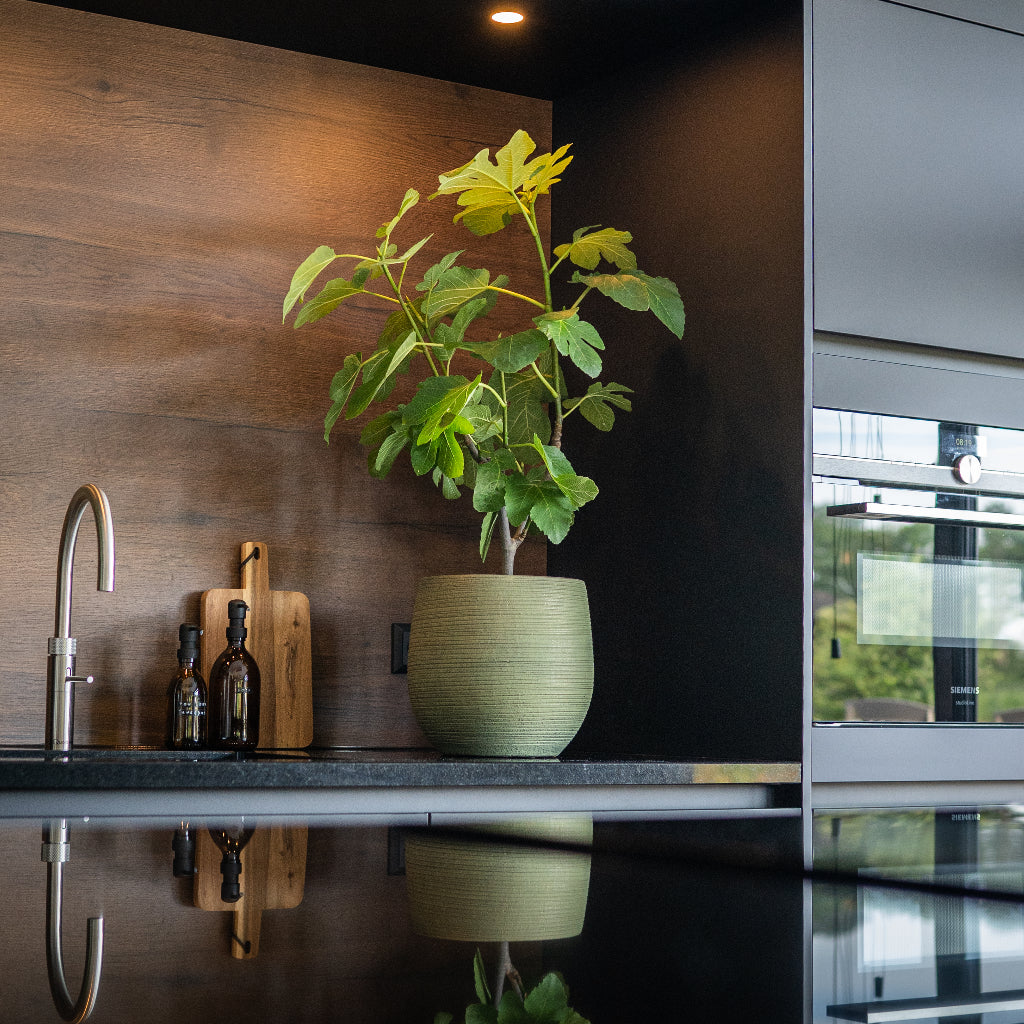 Lydia Plant Pot - Shiny Green In Kitchen