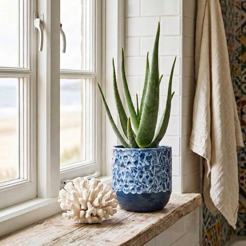 Aloe vera - 15 x 50cm in Ocean Glaze Plant Pot - Sapphire - 18 x 18cm