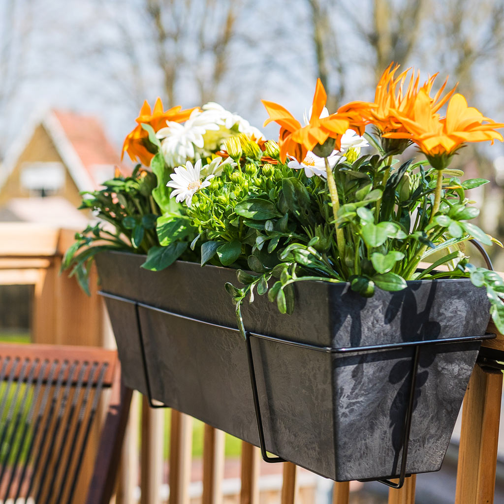 Amy Artstone Balcony Planter Holder - Black With Ella Artstone Balcony Planter - Black & Flowers