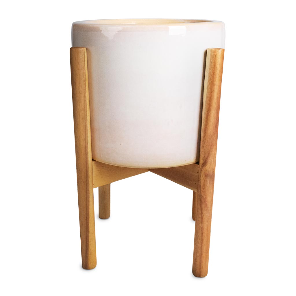 white plant pot with wooden stand Anzio Plant Pot & Wooden Stand - Stone White - Plant Stands | Hortology