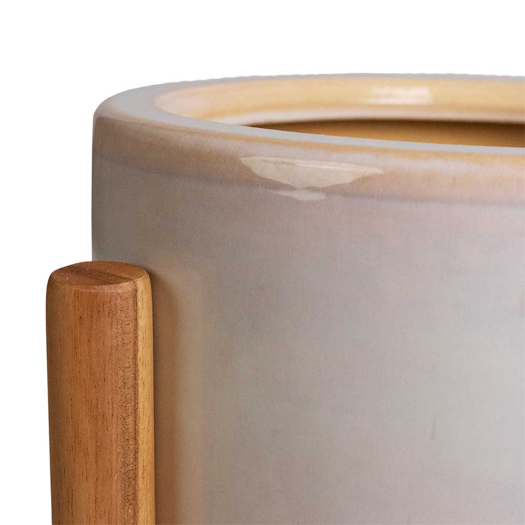 Anzio Plant Pot with Wooden Stand - Stone White Rim