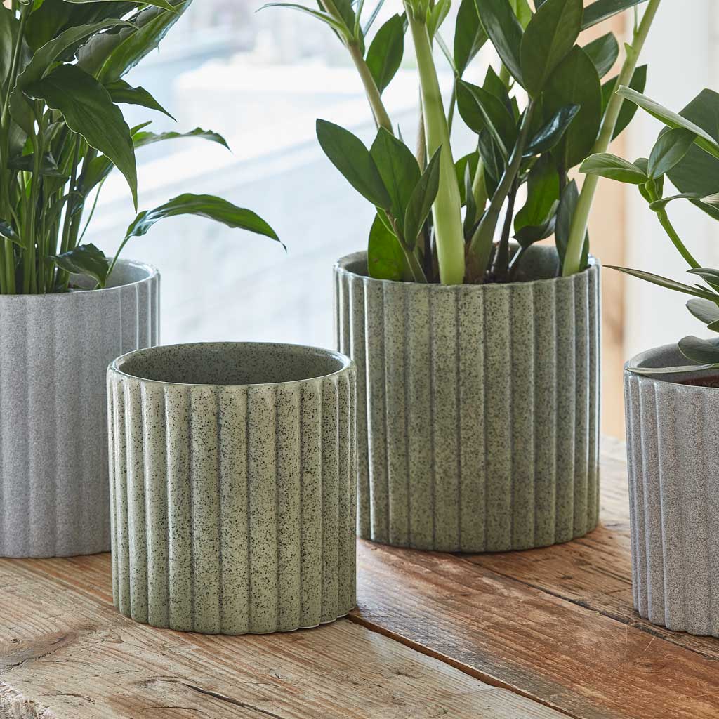 Azalea Ribbed Plant Pot - Speckled Green Stone & Grey