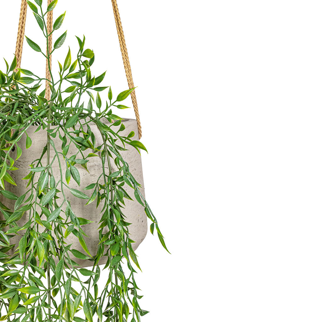 Bamboo Mixed Hanging Bush UV Resistant Artificial In Patt Hanging Pot Grey Washed Close Up 