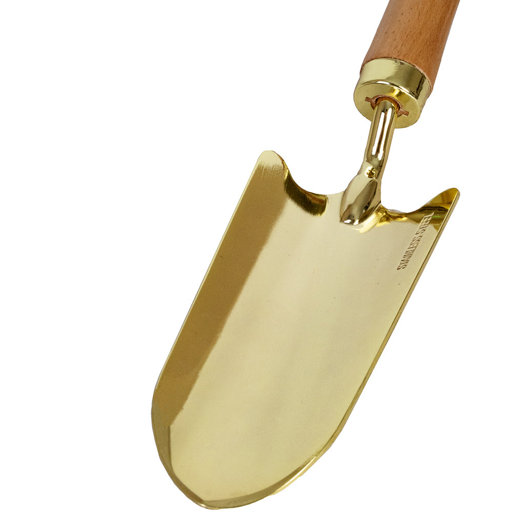 Beech Wood Trowel Gold Plated Stainless Steel Close Up
