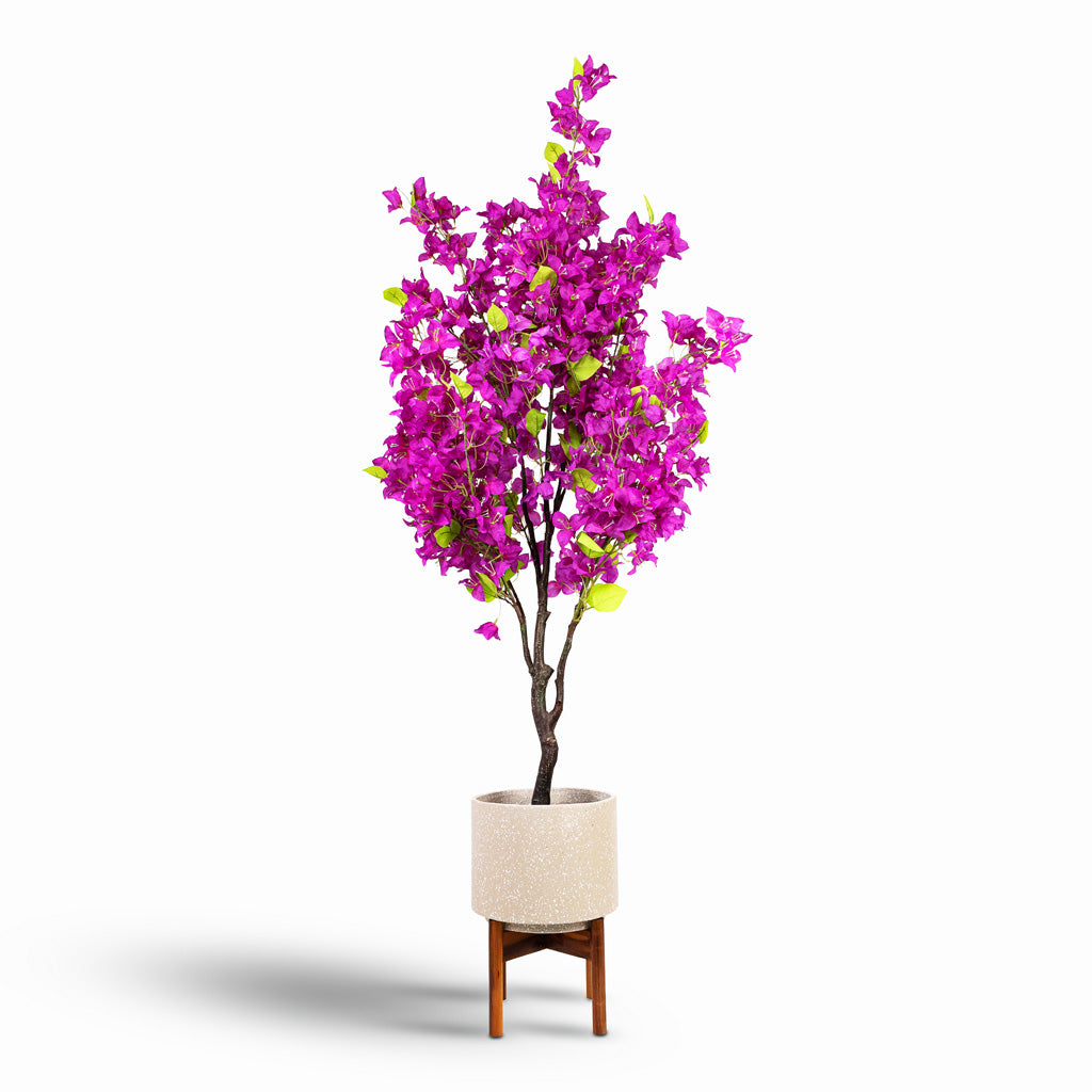 Bougainvillea Tree Purple Artificial 145cm House Plant In Valetta Pot with Wooden Stand Speckled Ivory 24x33cm