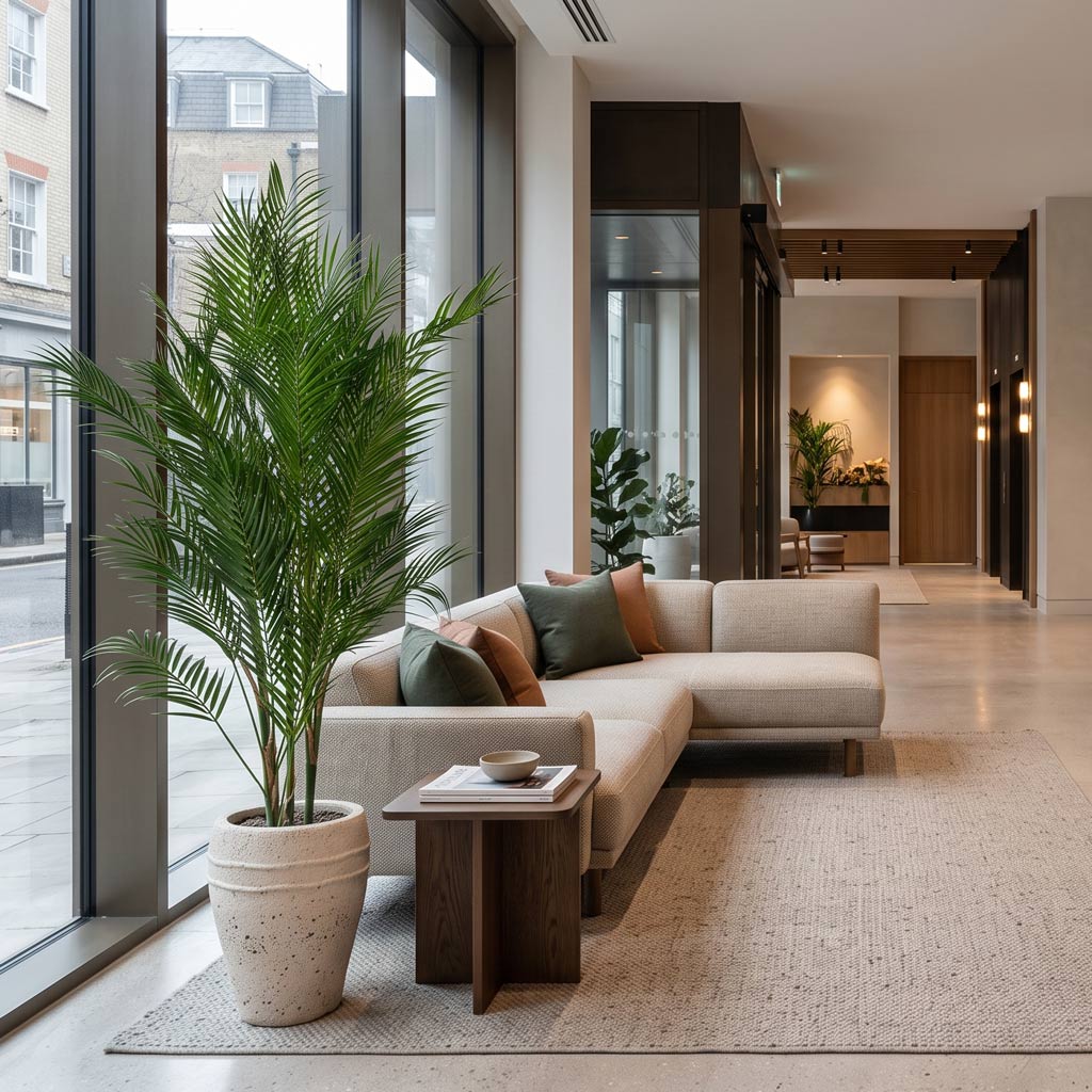 Chamaedorea Palm - Parlour Palm -Artificial - 120cm in Ares Mediterranean Planter - Chalk White - 27 x 32cm