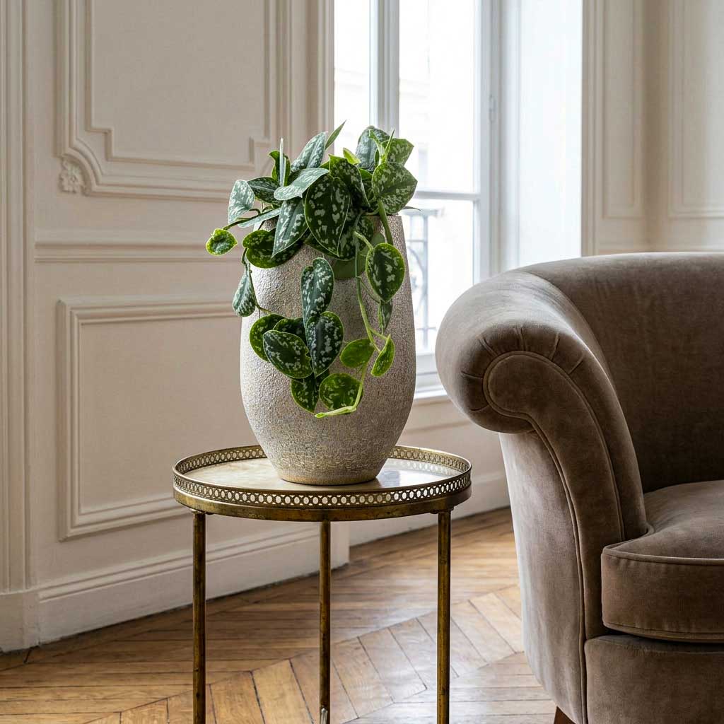 Epipremnum pictum Argyraeus - Satin Pothos - 14 x 30cm in Noor Plant Vase - Metallic Grey - 23 x 36cm