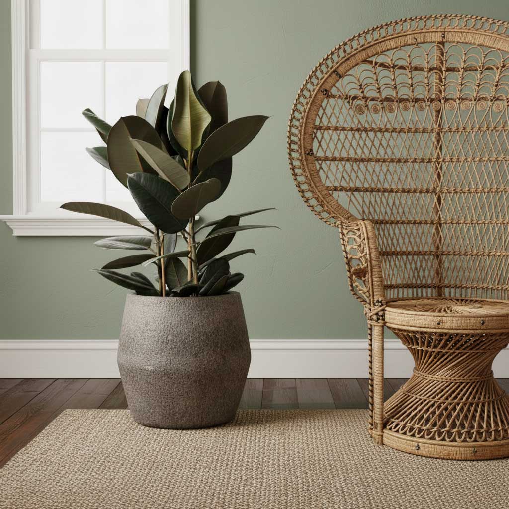 Ficus elastica Abidjan Burgundy Rubber Plant 24x80cm Harley Cement Stone Plant Pot Granite Grey 37x34cm with Wicker Chair
