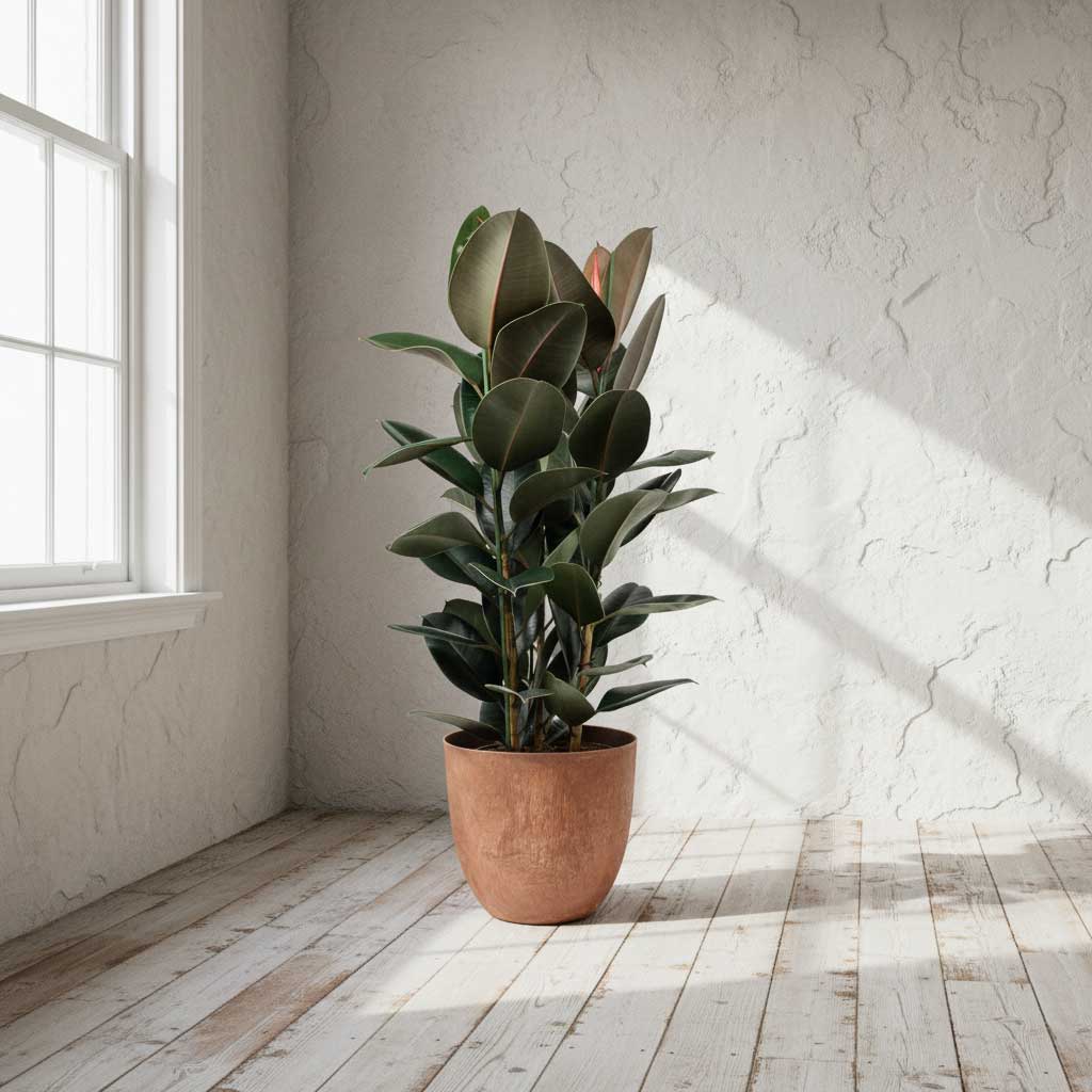Ficus elastica Abidjan Rubber Plant 120cm Bola Artstone Plant Pot Oak
