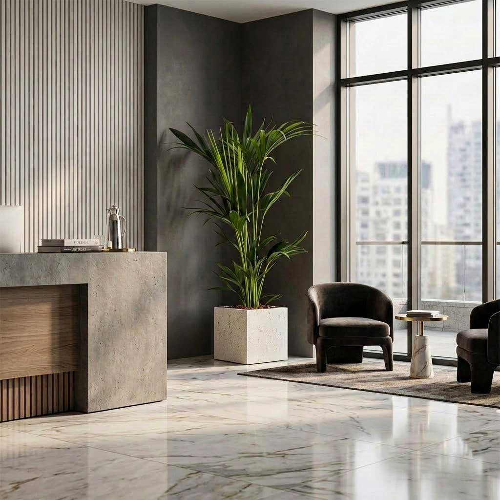 Kentia Palm - HydroCare in Grigio Cube Planter - Antique White Concrete - 50 x 50 x 50cm