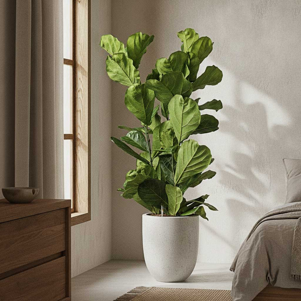 Ficus lyrata - HydroCare in Grigio Tall Egg Pot Planter - Antique White Concrete