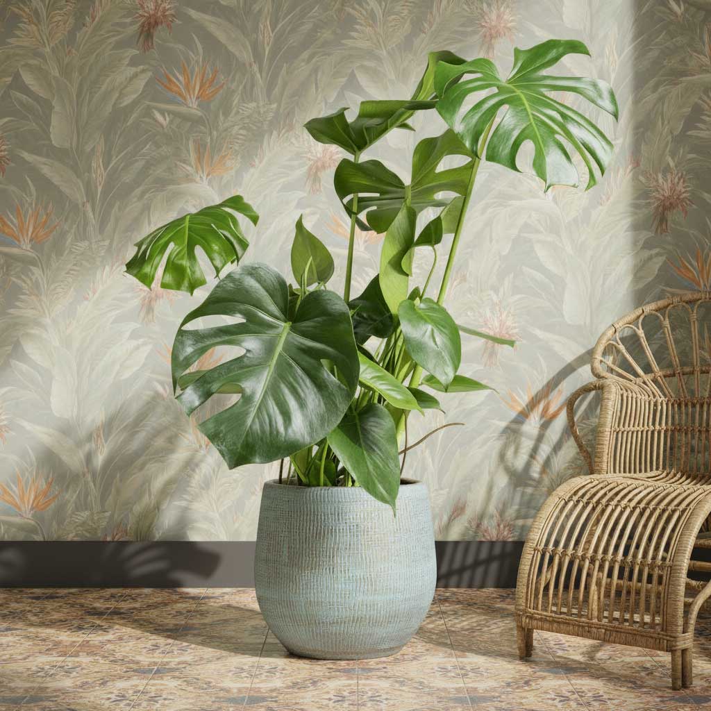 Monstera-deliciosa Swiss Cheese Plant 21x70cm Ryan Plant Pot Blue Gold 31x28cm