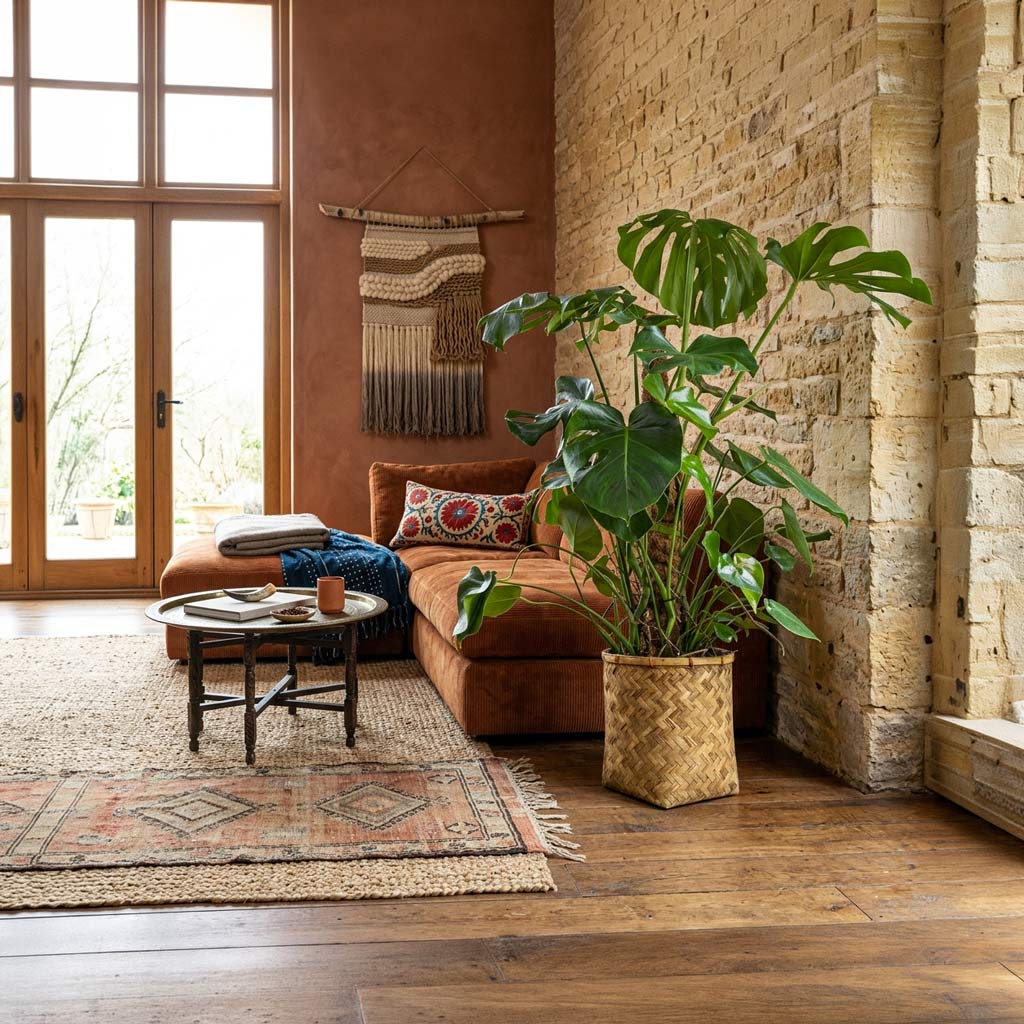 Monstera deliciosa Swiss Cheese Plant Moss Pole 27x120cm house plant in Zayn Bamboo Planter 31 in a boho styled living room