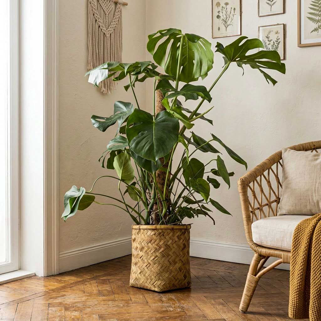 Monstera deliciosa - Swiss Cheese Plant - Moss Pole - 27 x 120cm in Zayn Bamboo Planter - 31.5 x 33cm