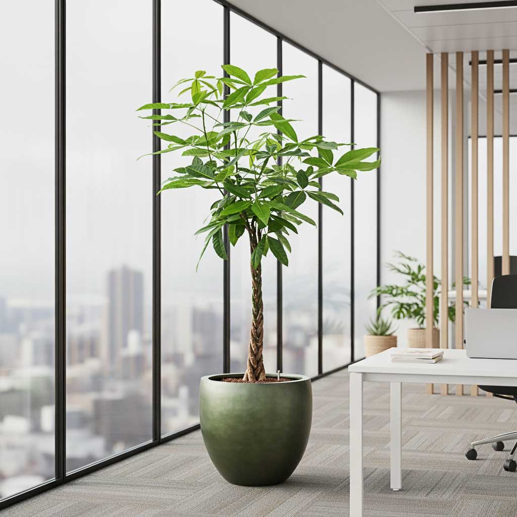 Pachira aquatica - HydroCare - 28/19x180cm in Gradient Balloon Planter - Matt Forest - 54x51cm
