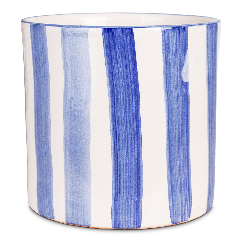Paros Painted Pot Blue Stripe 17x16.5cm