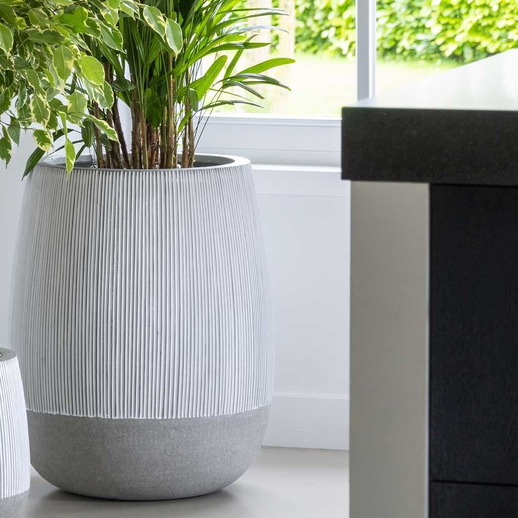 white and grey plant pots Perry Ridged Plant Pot - White Stripe - Quality Plant Pots | Hortology