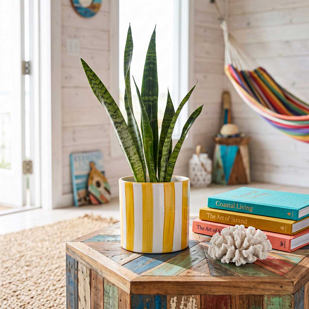 Paros Painted Pot Yellow Stripe 15x14cm