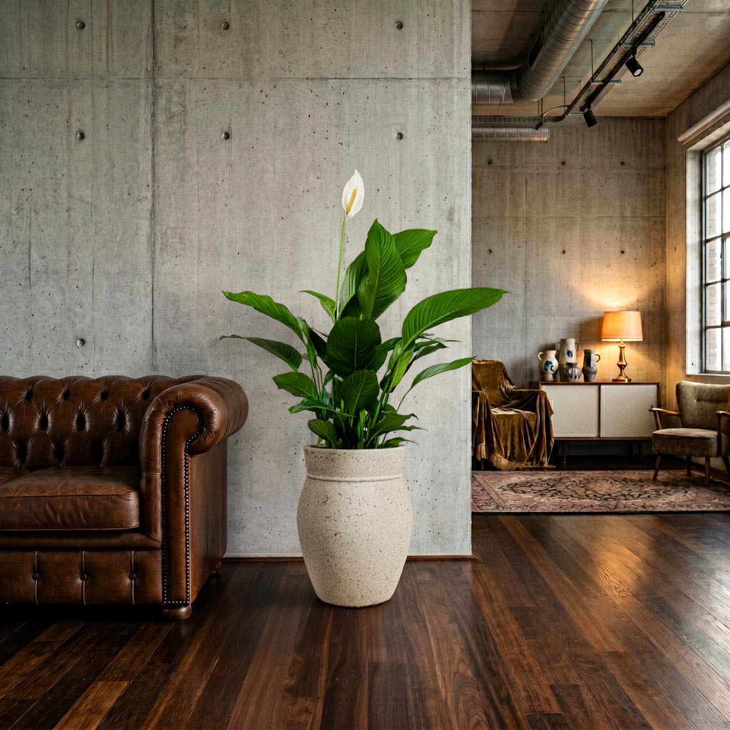 Spathiphyllum Sweet Lauretta Peace Lily 24x90cm houseplant in Apollo Mediterranean Planter Chalk White 38.5x47cm Lifestyle