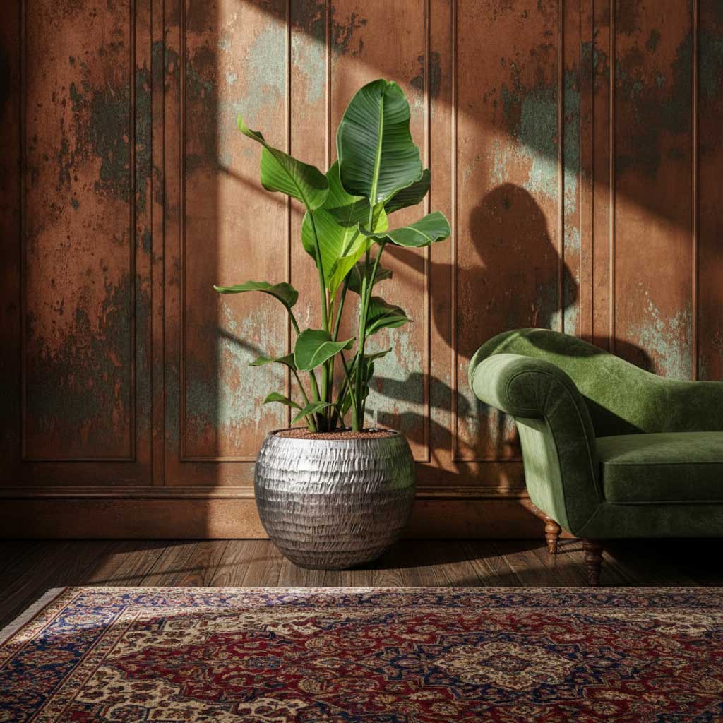 Strelitzia nicolai Bird of Paradise Hydroculture 105cm Opus Hammered Globe Planter Silver 40x32cm