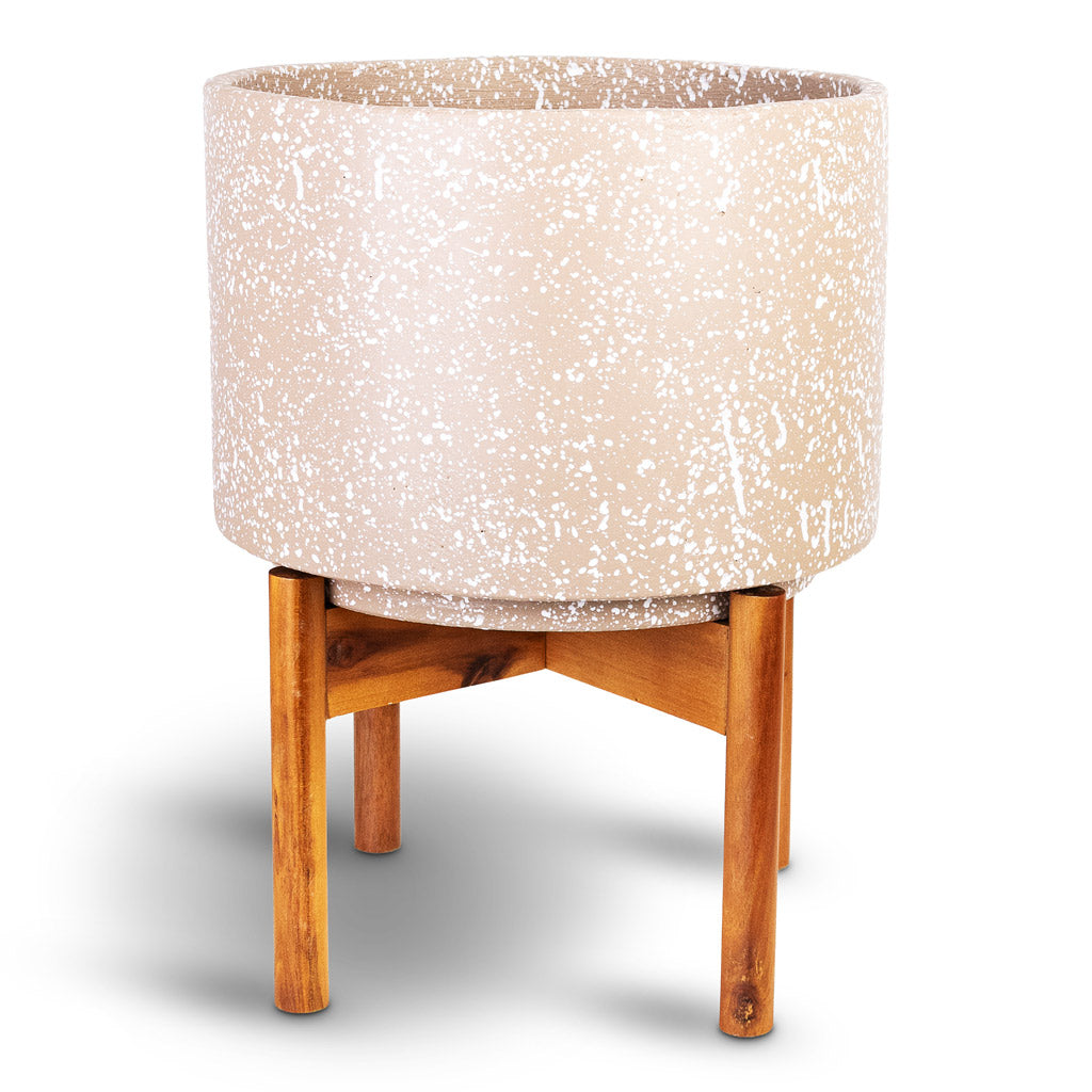 Valetta Pot with Wooden Stand Speckled Caramel 28x37cm