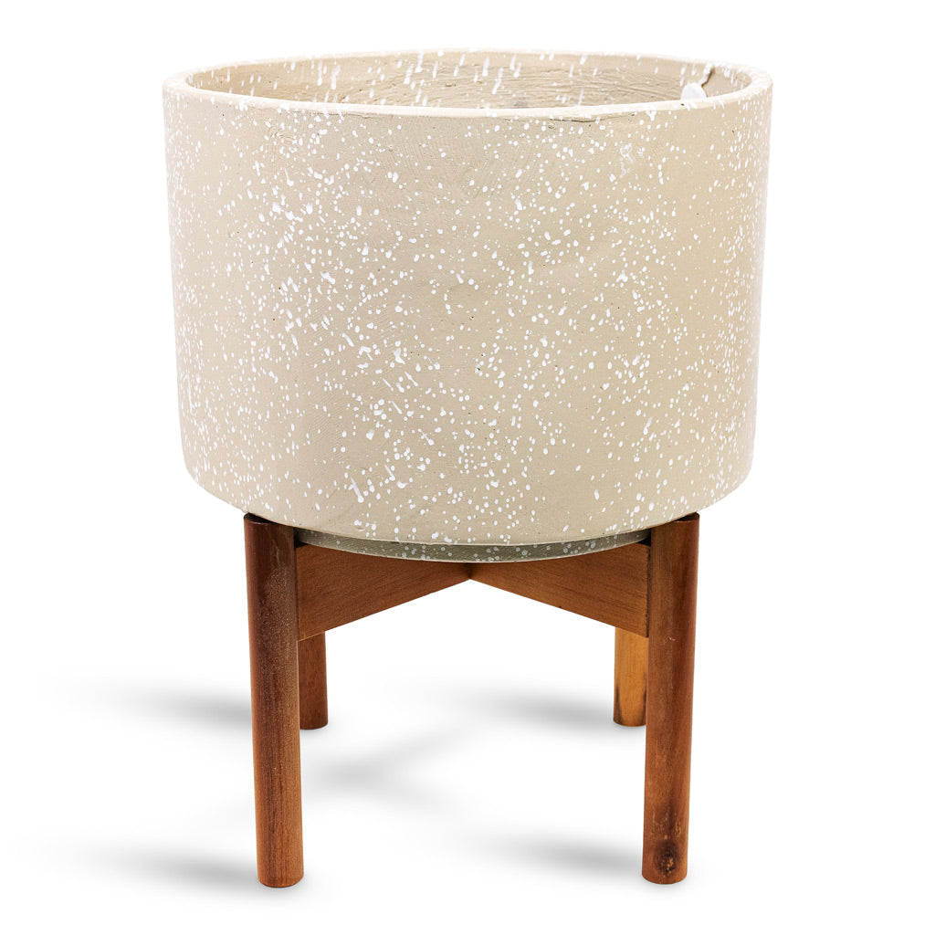 Valetta Pot with Wooden Stand Speckled Ivory 28x37cm