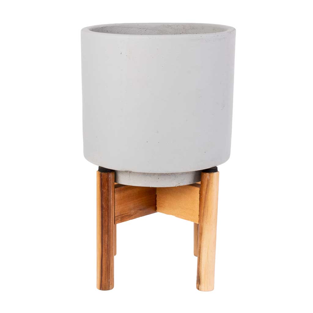 Vigo Plant Pot with Wooden Stand - Concrete Grey - Small