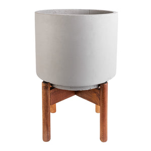 Vigo Plant Pot with Wooden Stand - Concrete Grey - 24 x 33cm