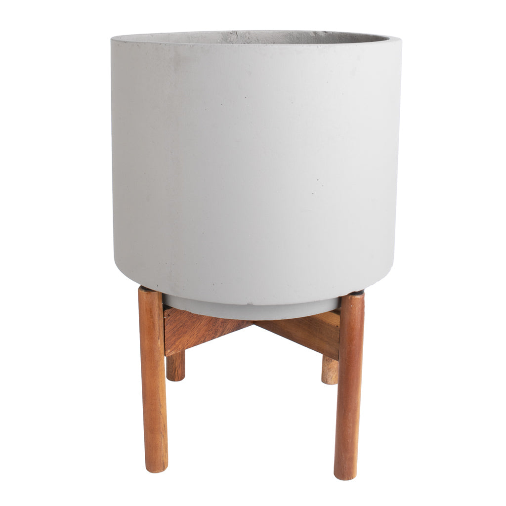 Vigo Plant Pot with Wooden Stand - Concrete Grey - 28 x 37cm