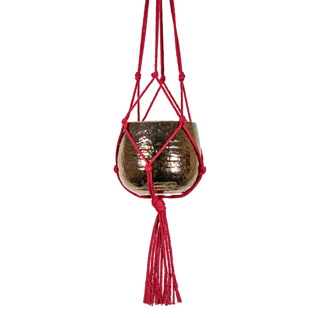 Yvette Pot Gold 15x13cm hanging in a Knotted Macrame Hanging Rope Bordeaux 90cm