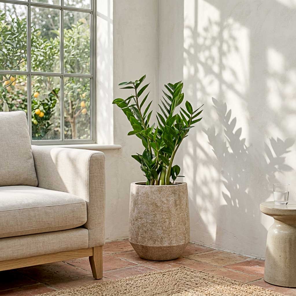 Zamioculcas zamiifolia - 17 x 65cm
in Harith High Mineral Planter - Travertine - 28 x 33cm